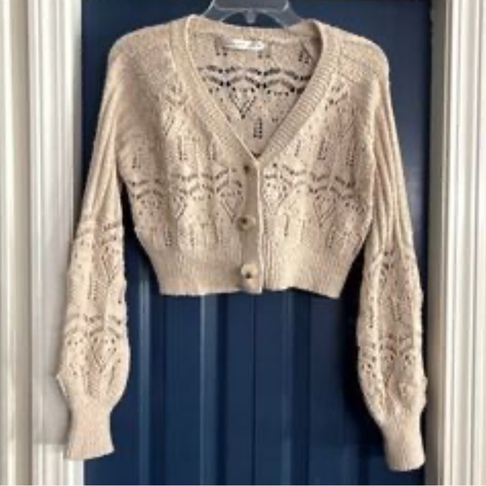 NWT Altar’d State Lacey Cropped Button Down Soft Fuzzy Taupe Cardigan Sweater - Picture 5 of 5